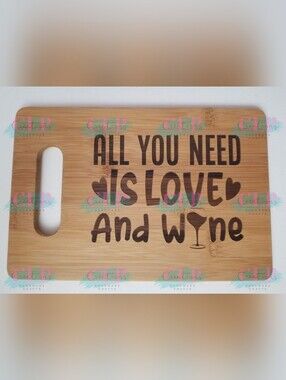 Bamboo Cutting Board - "All You Need Is Love And Wine" - Natural Brown